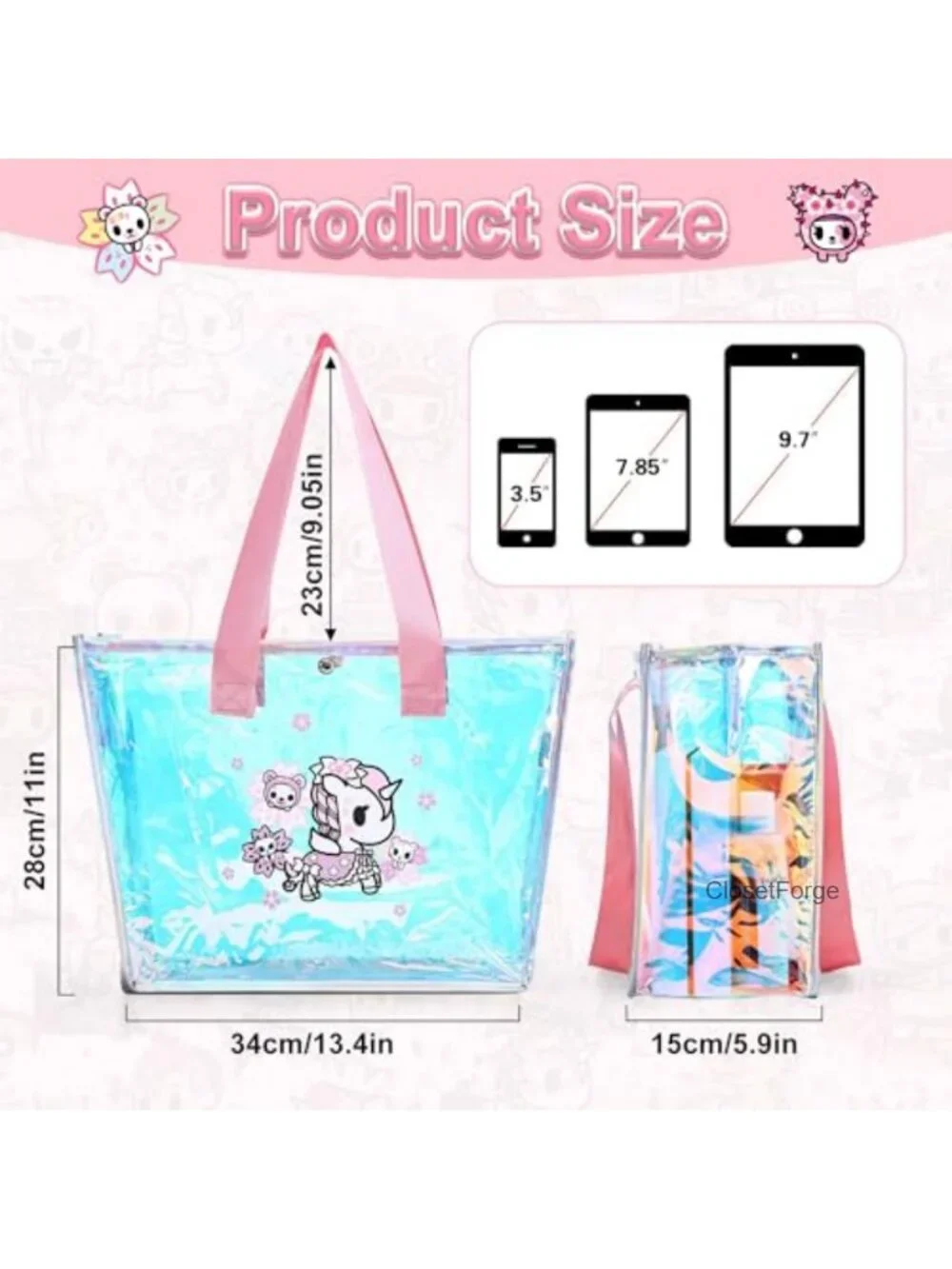 Large Clear PVC Tote Bag with Holographic Finish, Beach & Travel